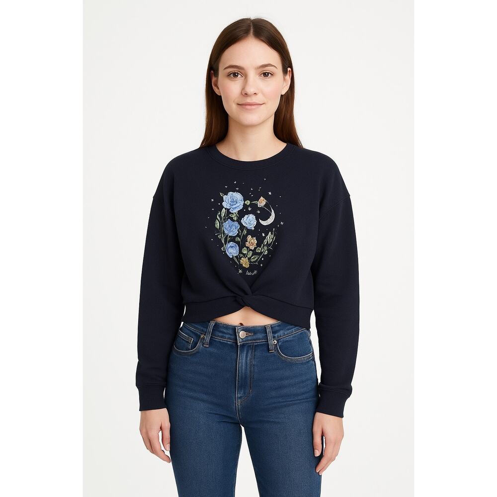 Cut & Paste Black Floral Astrology Planets Cropped Pullover Sweatshirt Medium
